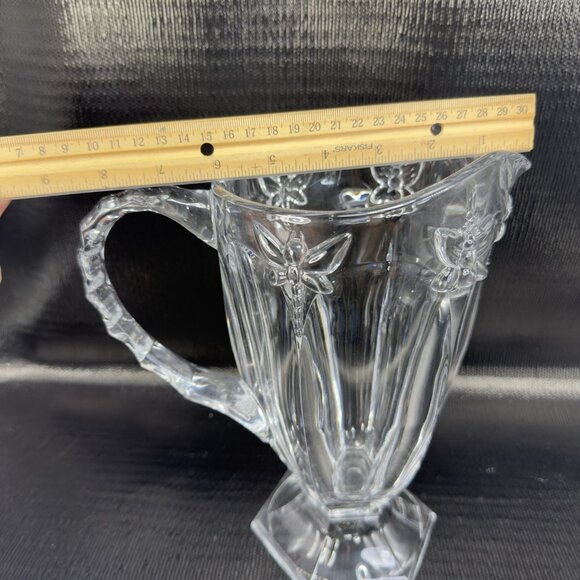 Vintage Clear Thick Heavy Glass Crystal Pitcher Jug Butterfly Dragonfly Pattern - Picture 4 of 14